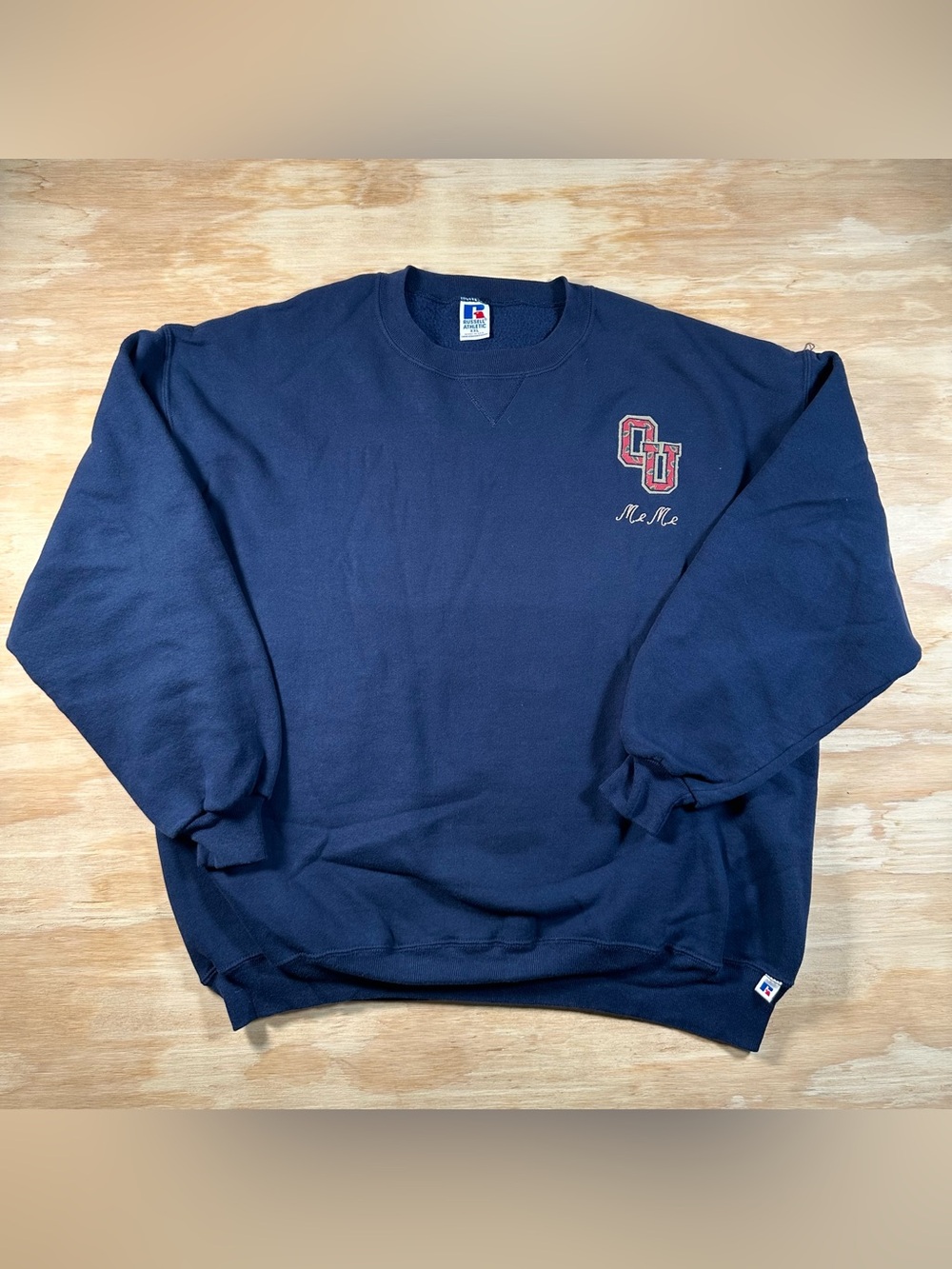 Vintage 90s Russell Athletic Sweatshirt XXL Navy Blue USA V-Notch OU Embroidered